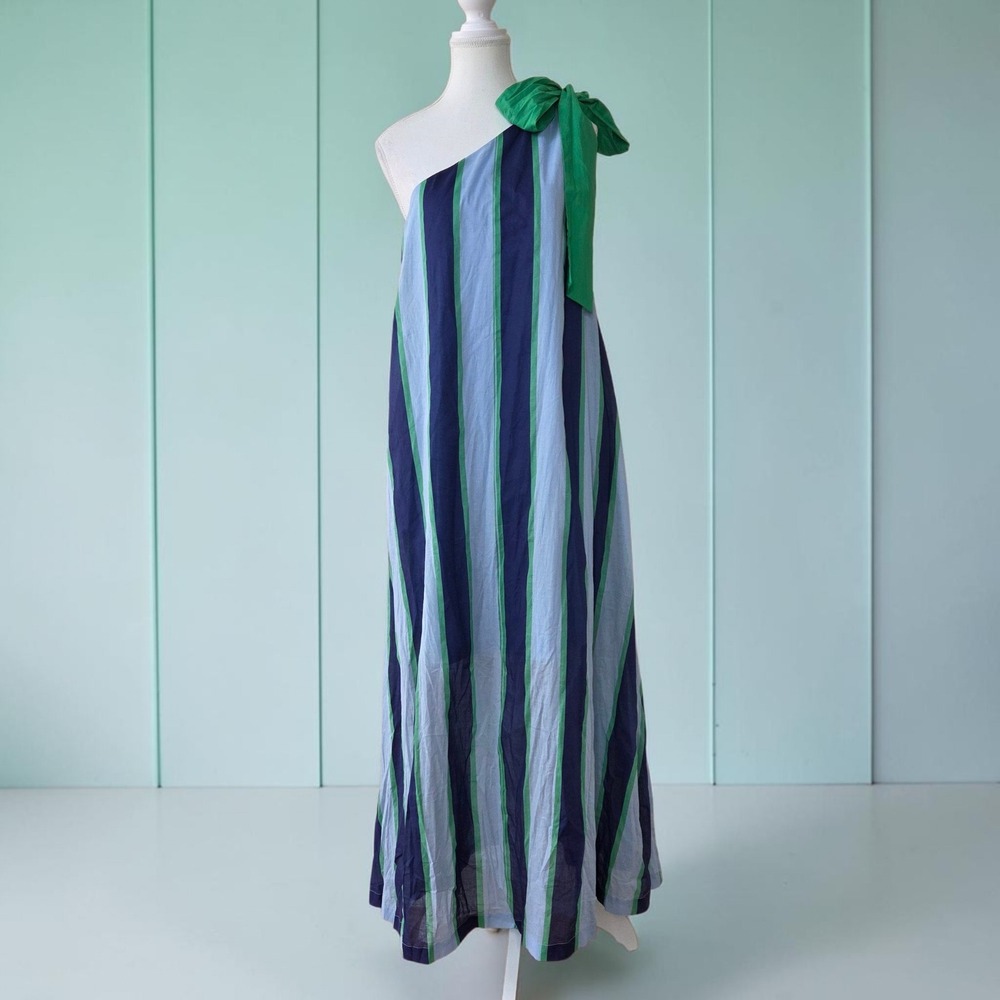 NWT Entro Tied Up One Shoulder Bow Maxi Dress Blue Green Striped Large